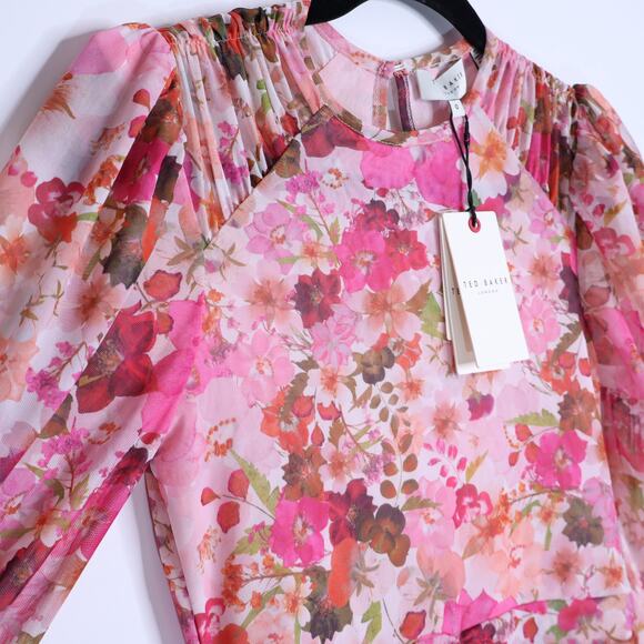 TED BAKER NWT Mildrd Mesh Mini Dress Pink Ruffle Shoulder Gathers Women's 0 - Picture 6 of 10